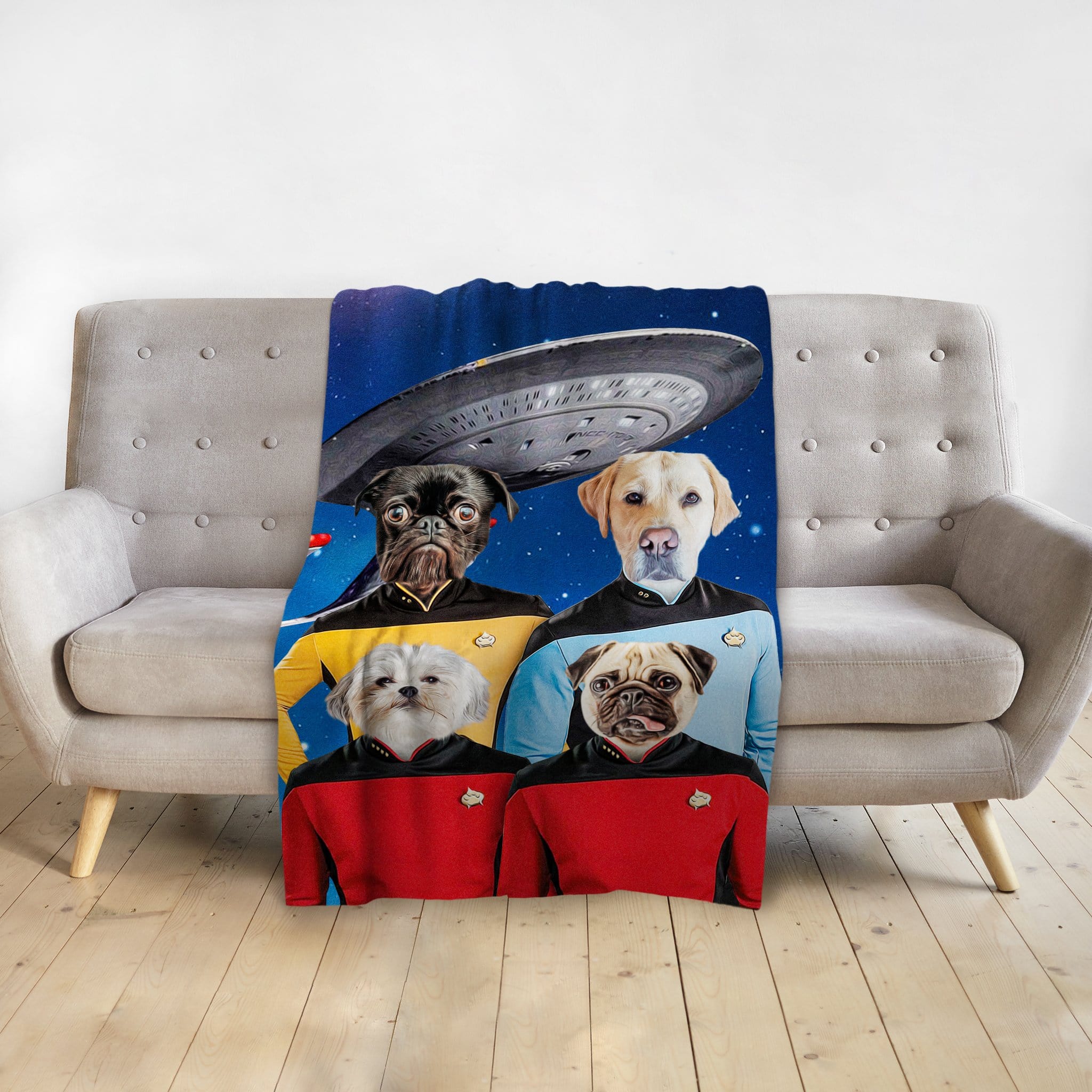 Personalized minky blanket with four dogs in Star Trek-style uniforms and a UFO on a blue background.
