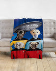 Personalized minky blanket with four dogs in Star Trek-style uniforms and a UFO on a blue background.