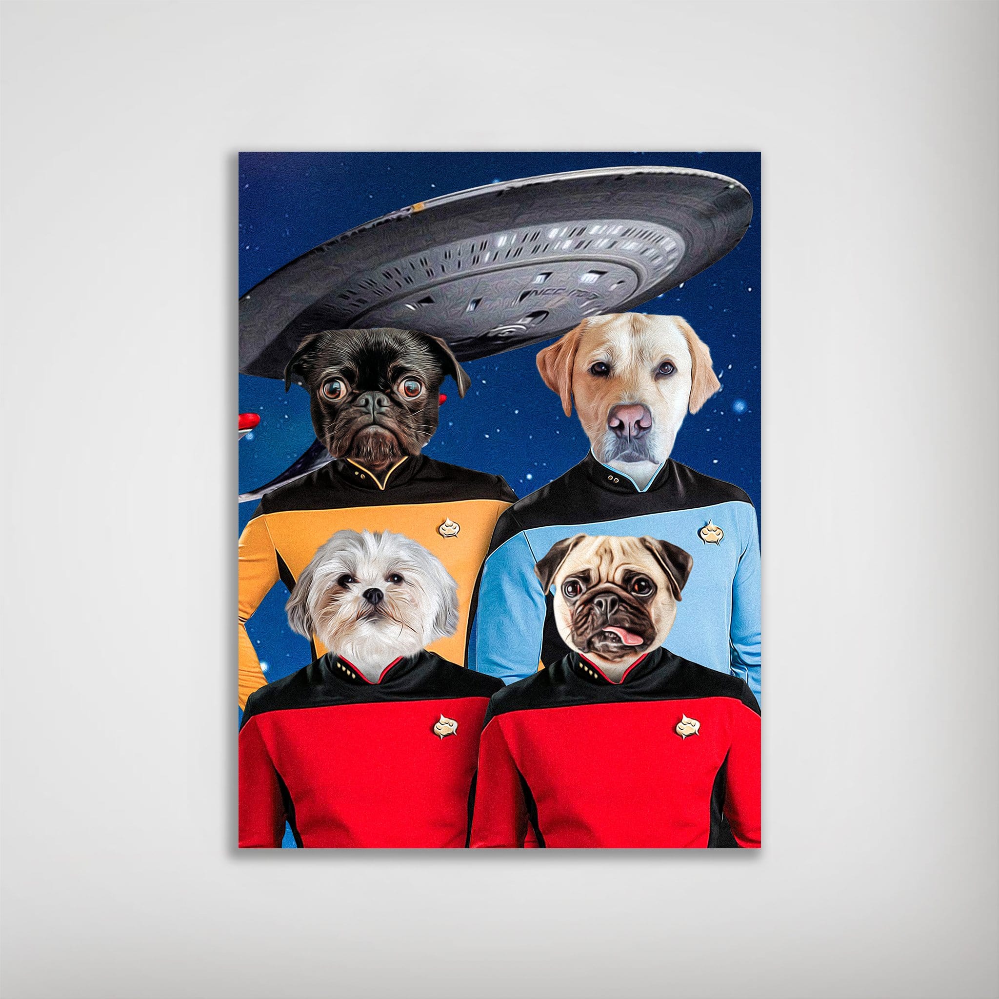Personalized Doggo-Trek 4-pet poster featuring dogs in Star Trek uniforms against a starry sky with a spaceship.