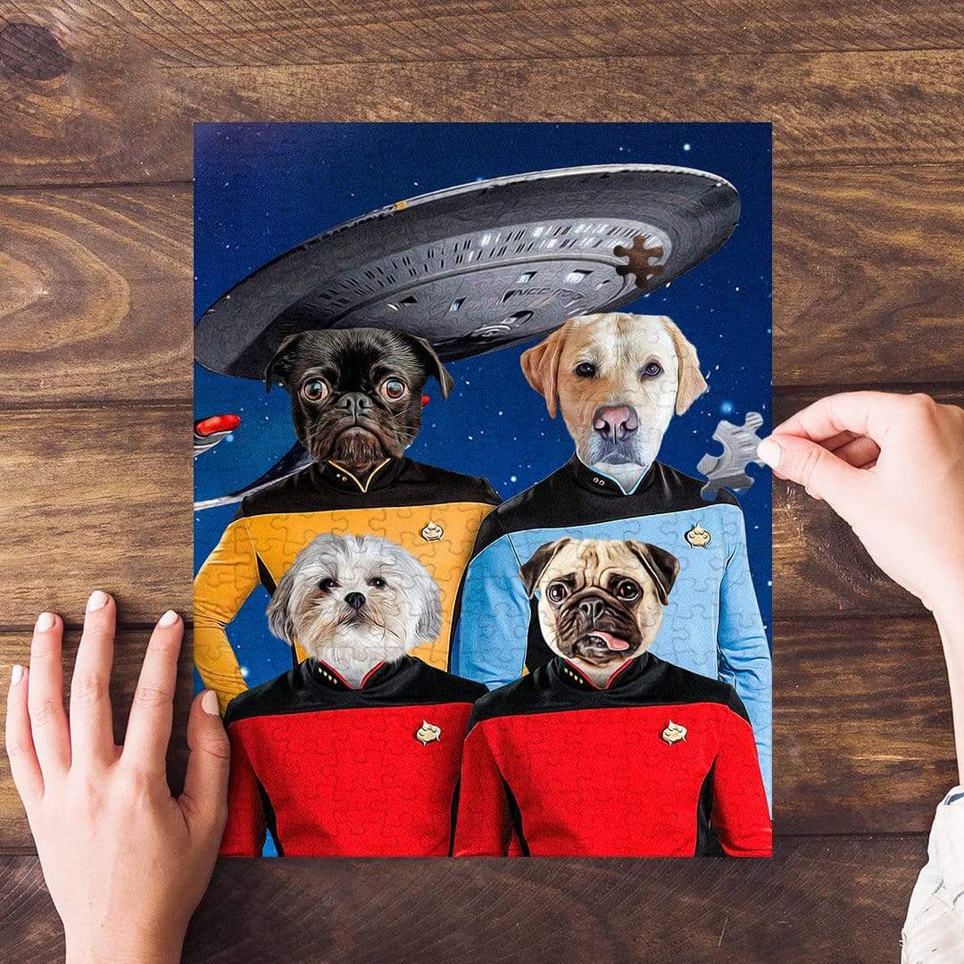 Personalized Doggo-Trek puzzle featuring four custom pet portraits in Star Trek uniforms with a spaceship.