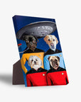 Personalized standing canvas featuring four pets in Star Trek uniforms with a spaceship background.