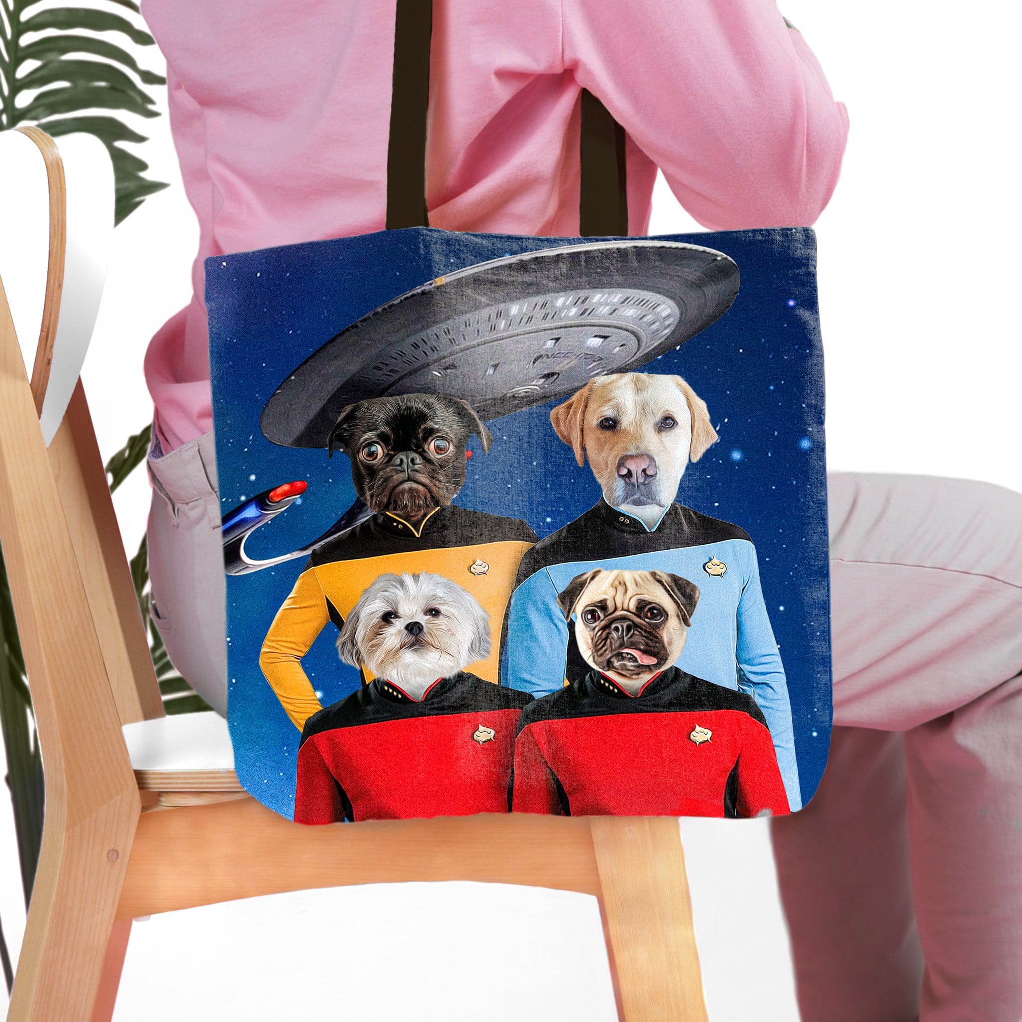 Personalized Doggo-Trek 4-pet tote bag with custom pet portraits in Star Trek uniforms.