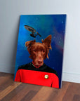 Custom Doggo-Trek canvas featuring a brown dog in a red Star Trek uniform against a starry blue galaxy.