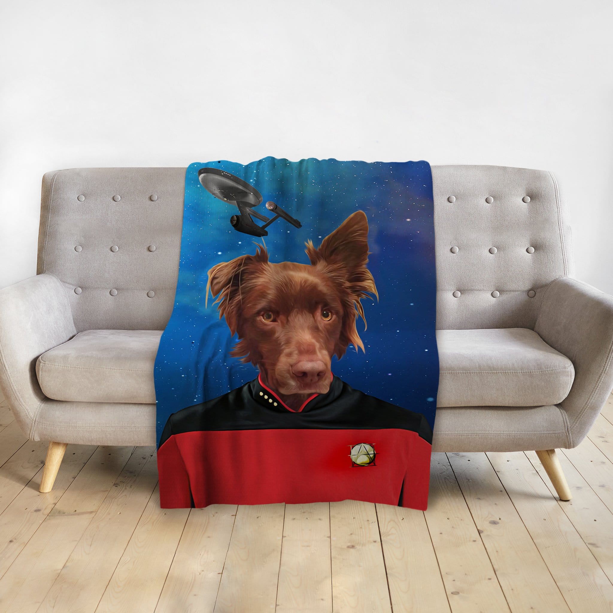 Personalized Doggo-Trek pet blanket featuring a brown dog in a Star Trek uniform on a starry background.