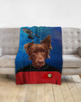 Personalized Doggo-Trek pet blanket featuring a brown dog in a Star Trek uniform on a starry background.