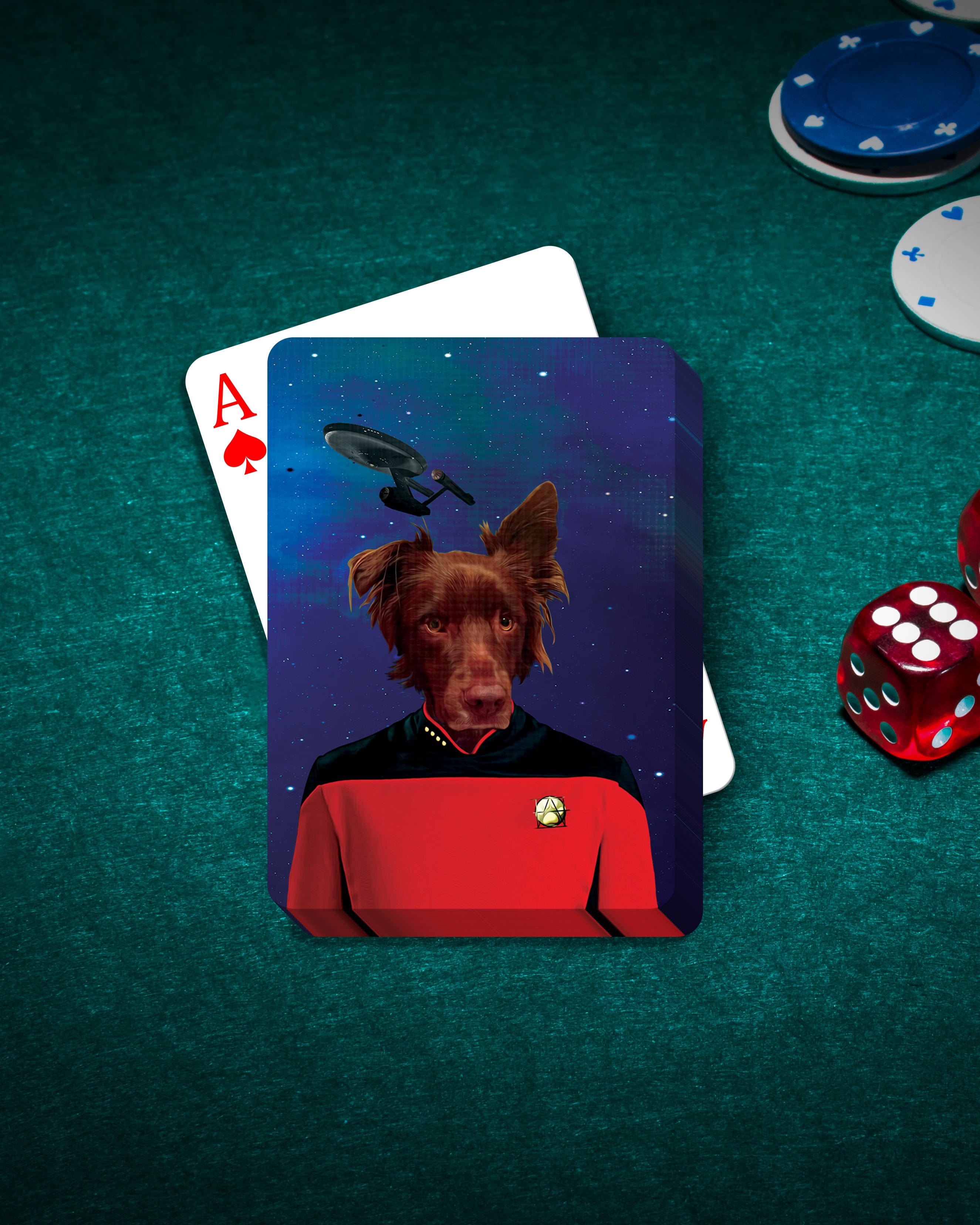 Personalized Doggo-Trek playing cards featuring a custom dog portrait in a sci-fi uniform on a green felt table.