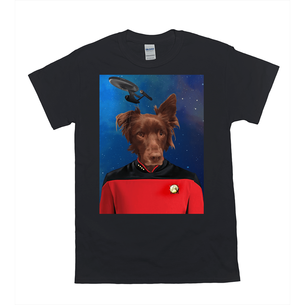 Black Gildan t-shirt with a personalized dog portrait in a red Star Trek uniform, against a starry background.