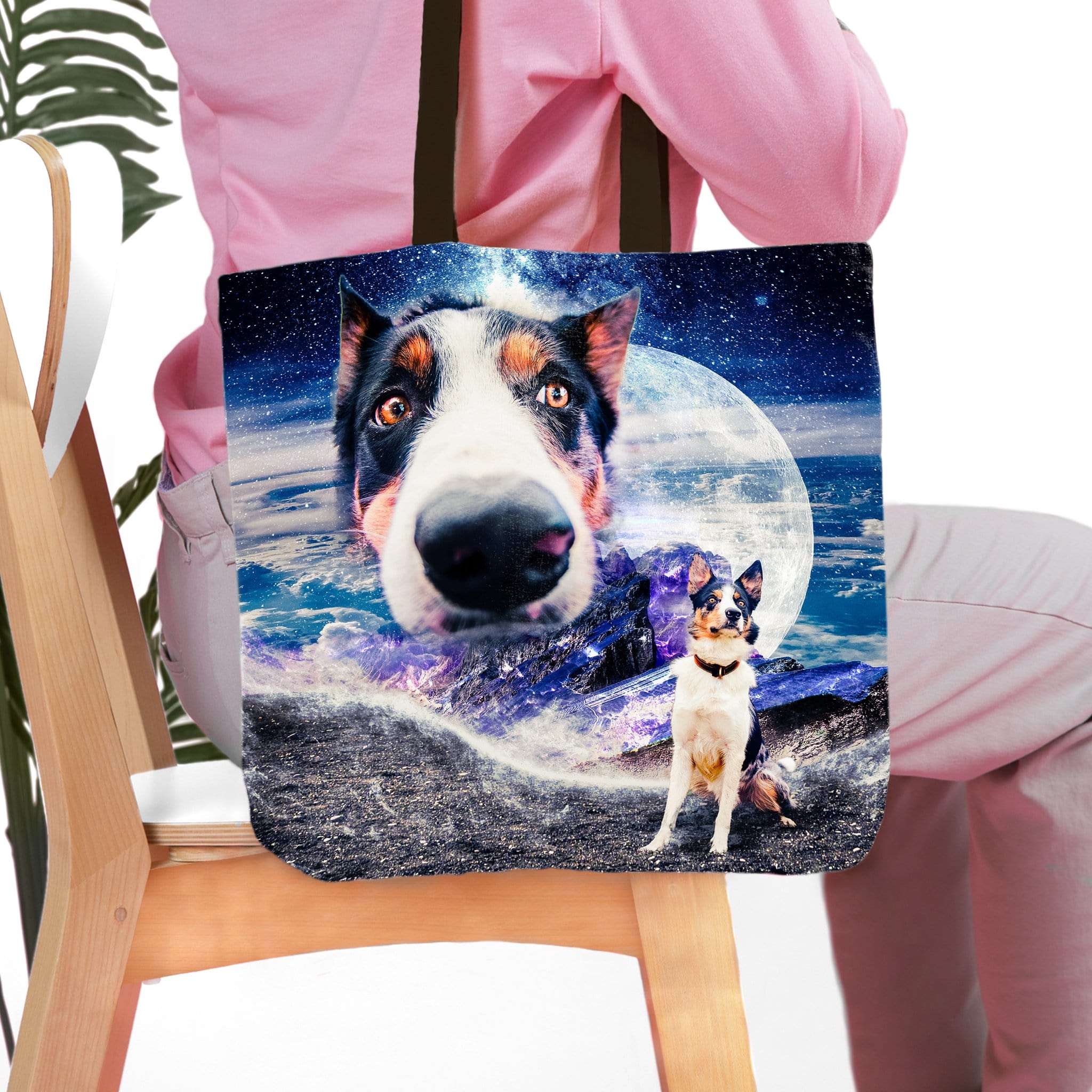 Personalized 'Doggo in Space' tote bag featuring two custom dog portraits on a starry night sky.