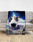 Personalized pet blanket with a Doggo in Space portrait of a dog, featuring a starry sky and moon.