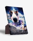 Personalized pet standing canvas featuring a dog's face in space with a full moon and mountains.