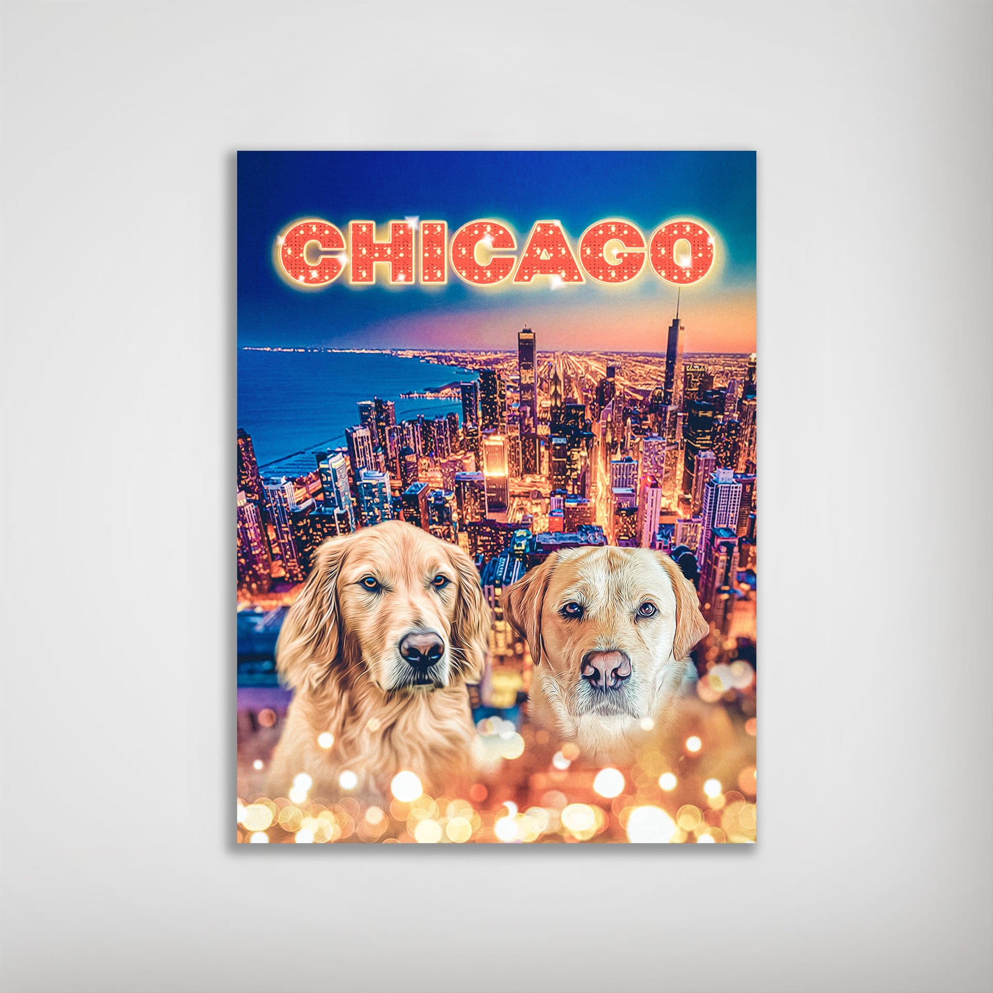 Personalized 'Doggos Of Chicago' poster featuring two golden retrievers over a city skyline.