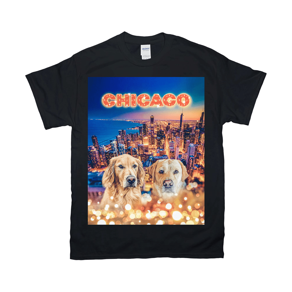 Black Gildan t-shirt with two golden retrievers in front of a Chicago skyline at night, "CHICAGO" in marquee lights.