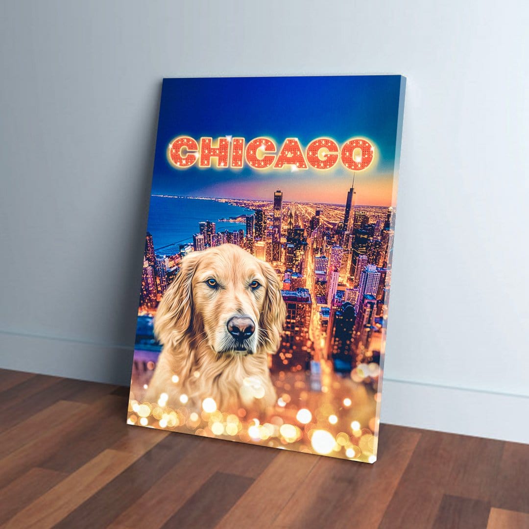 Personalized canvas featuring a golden retriever over a vibrant Chicago skyline with sparkling lights.