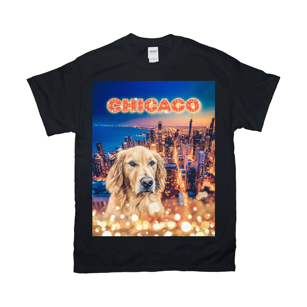 Black Gildan t-shirt with a golden retriever over a Chicago skyline at sunset, "CHICAGO" in marquee lights.