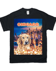 Black Gildan t-shirt with a golden retriever over a Chicago skyline at sunset, "CHICAGO" in marquee lights.