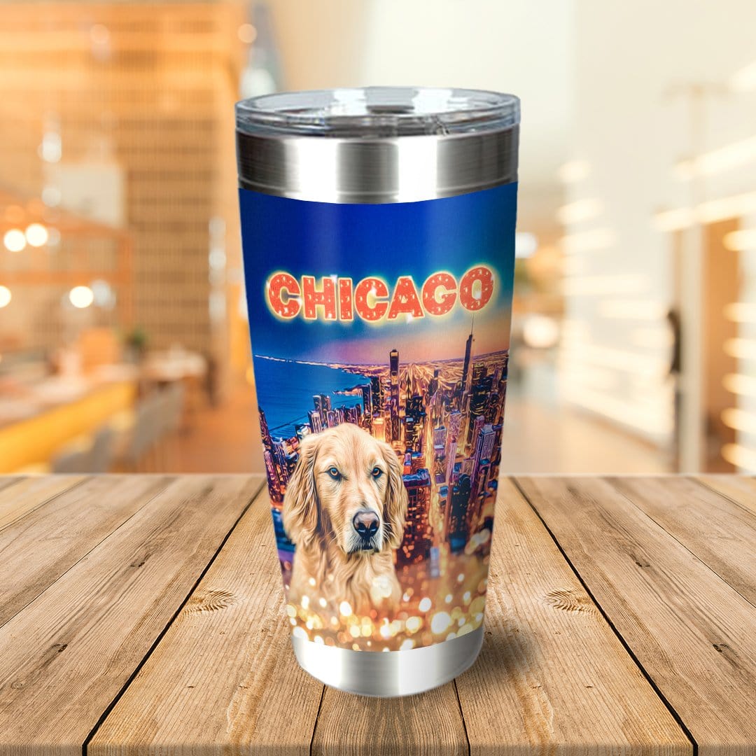 Personalized stainless steel tumbler with a golden retriever portrait over a Chicago skyline.