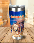 Personalized stainless steel tumbler with a golden retriever portrait over a Chicago skyline.