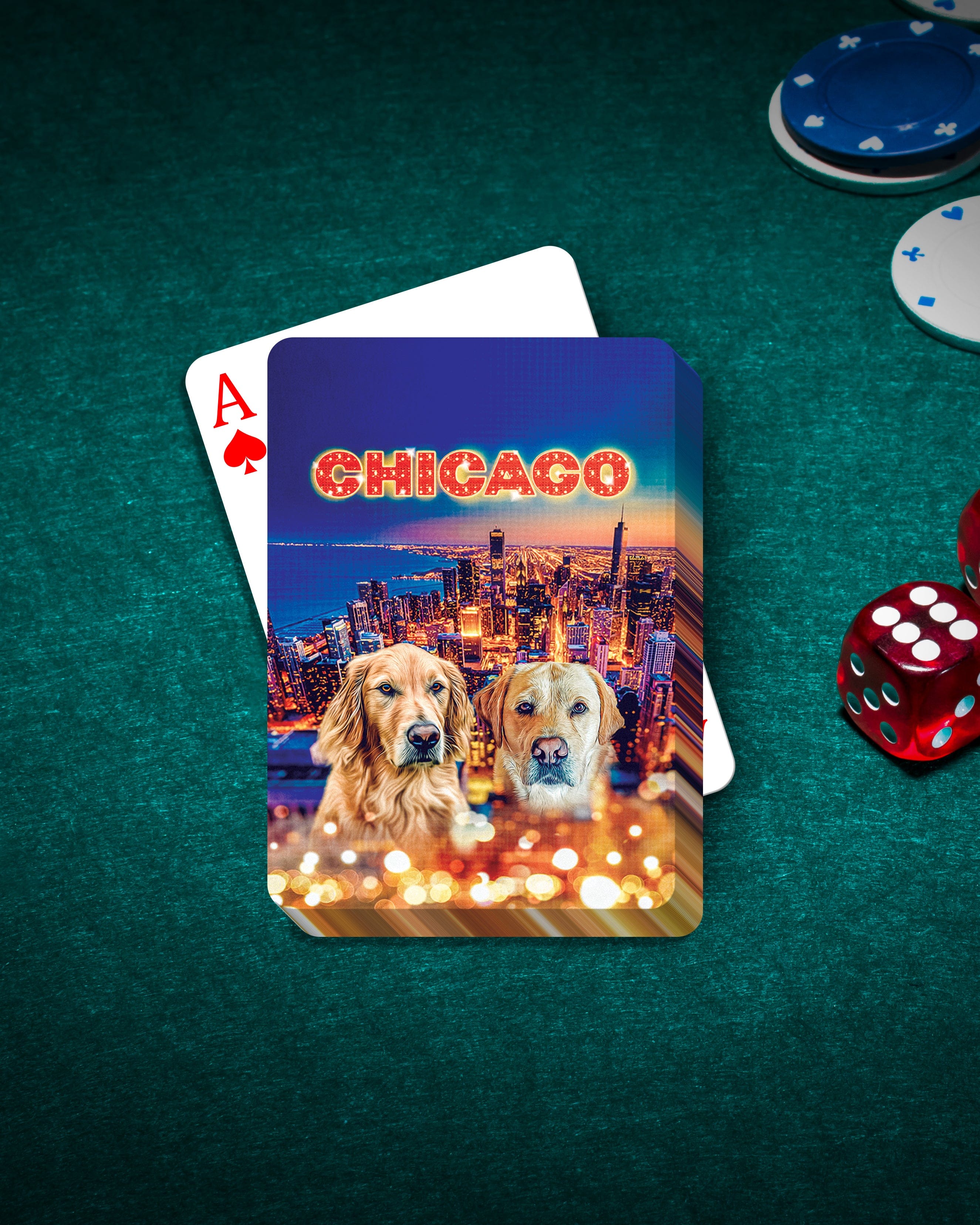 Personalized playing cards featuring two dogs with a Chicago skyline background.
