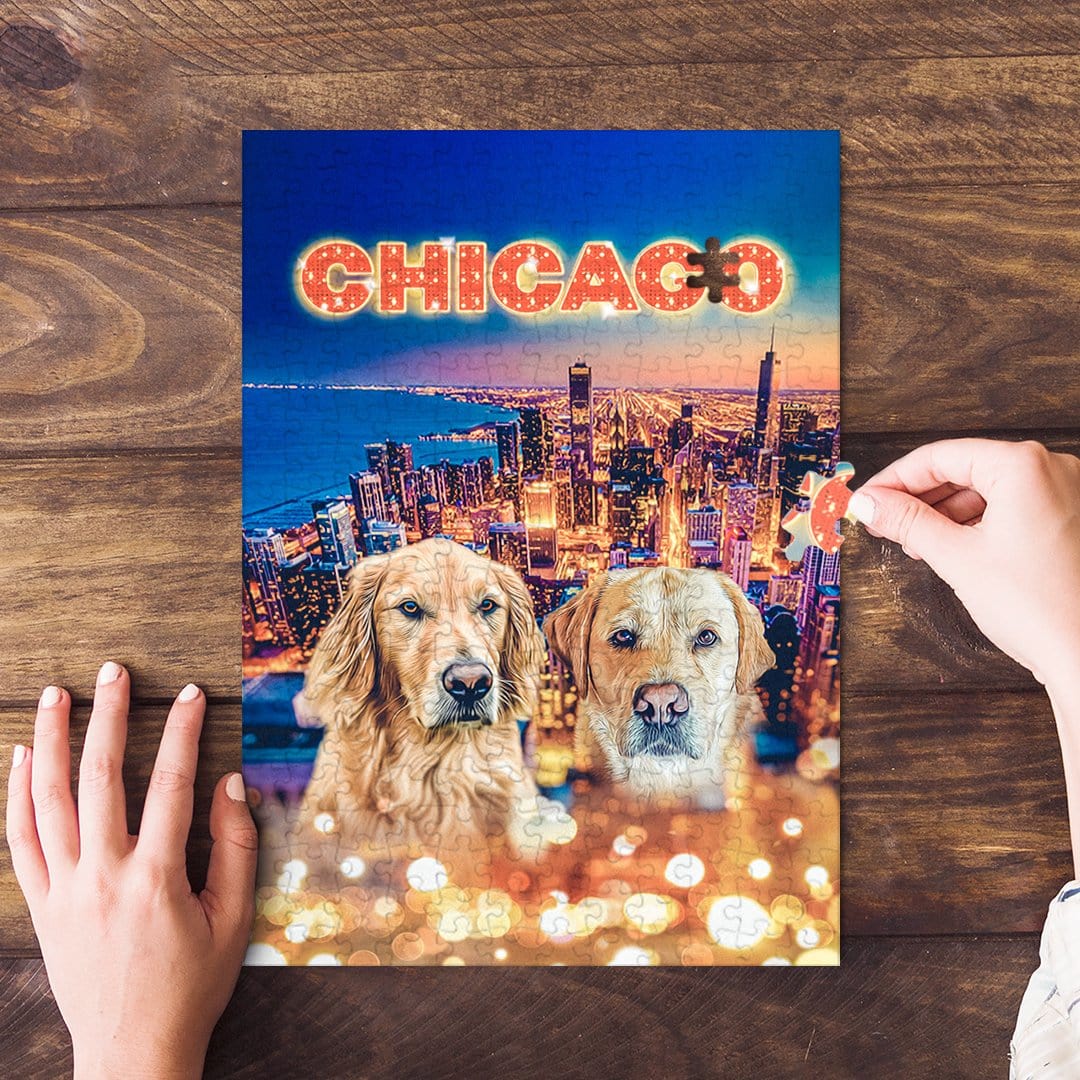 Personalized 2-pet puzzle featuring two golden retrievers over a Chicago skyline at night.