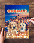 Personalized 2-pet puzzle featuring two golden retrievers over a Chicago skyline at night.