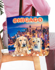 Personalized 2 pet portrait tote bag with Chicago skyline and two golden retrievers.