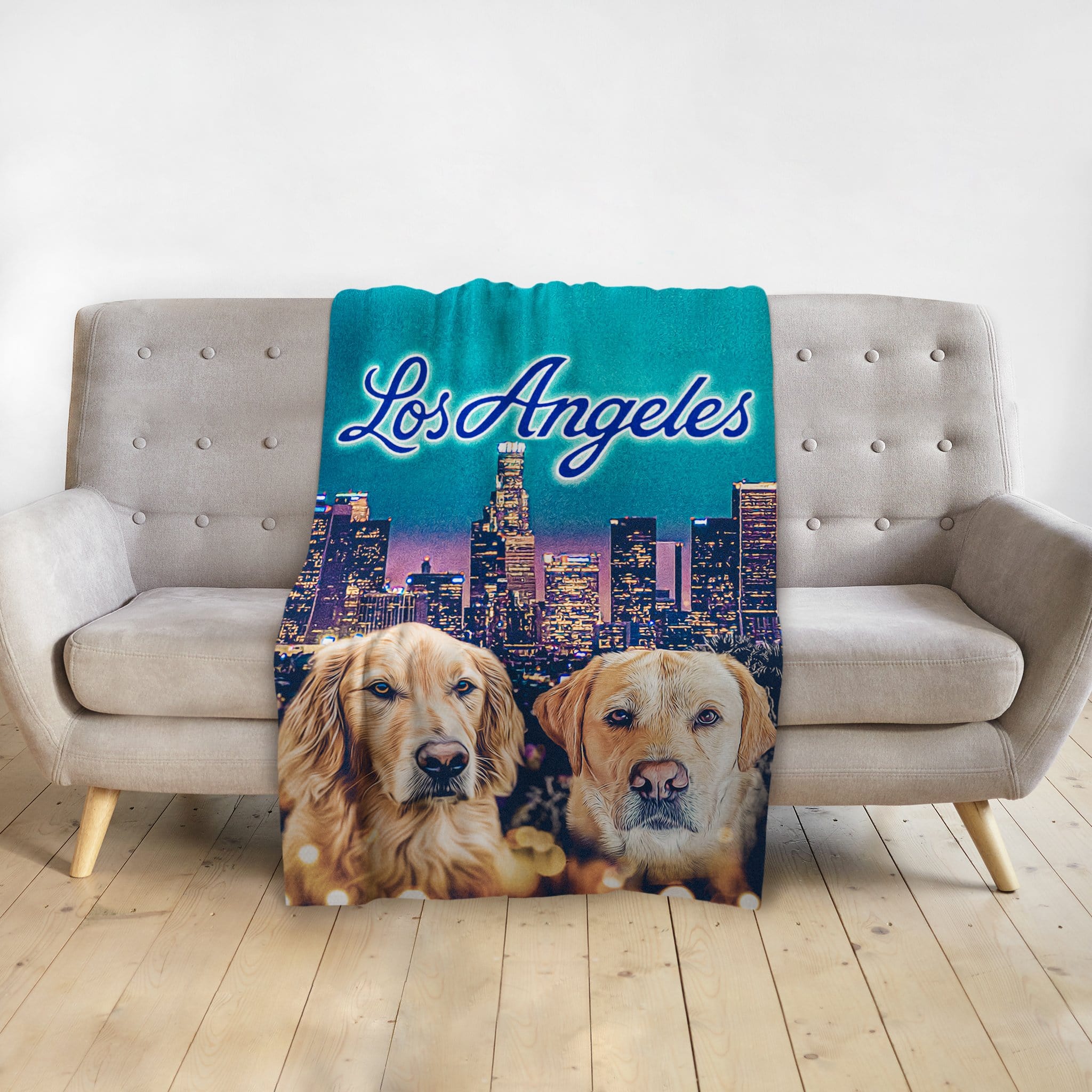 Personalized 'Doggos of Los Angeles' blanket with two Golden Retriever portraits and city skyline.
