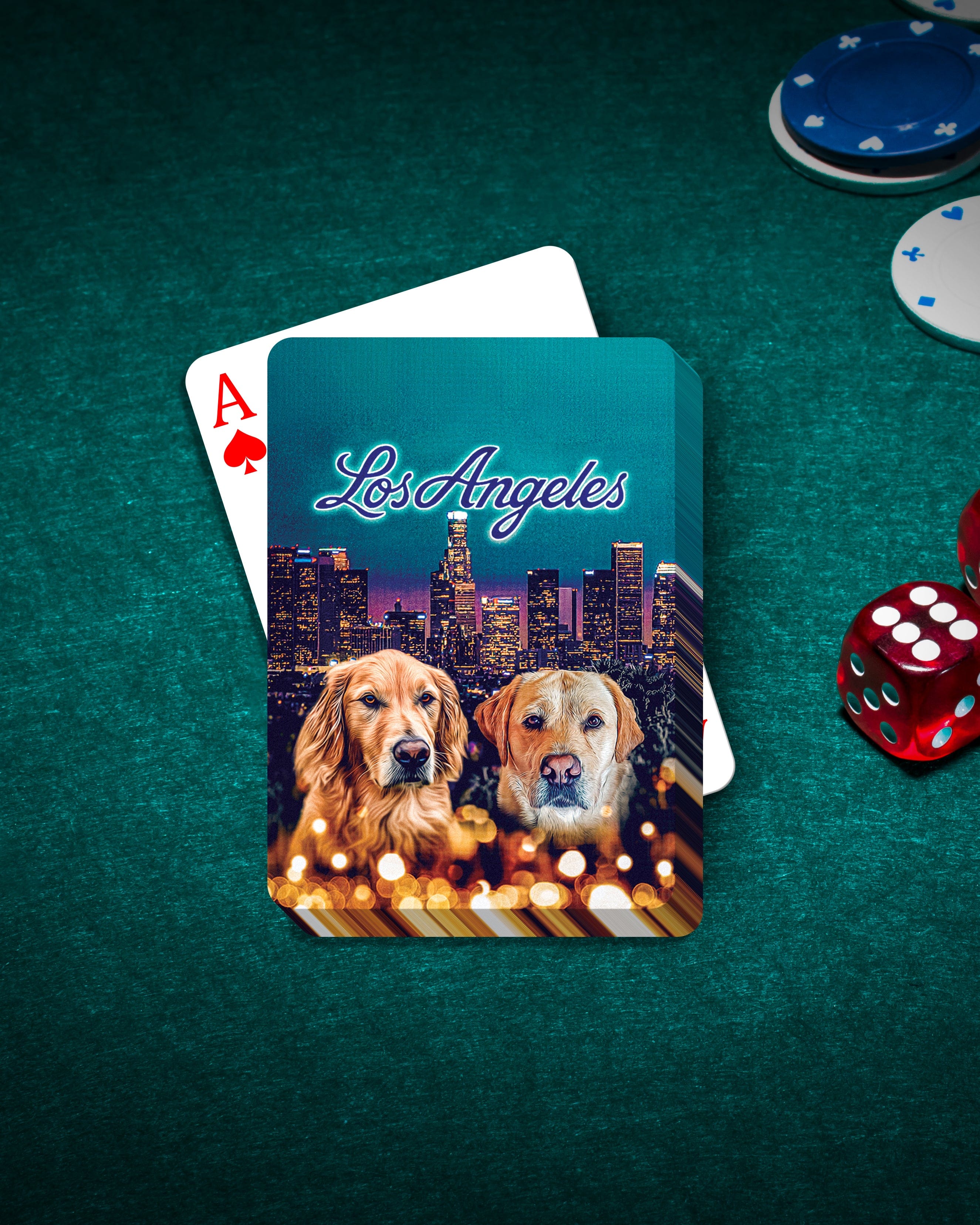 Personalized playing cards featuring two dogs in front of a Los Angeles skyline at night.