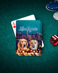Personalized playing cards featuring two dogs in front of a Los Angeles skyline at night.