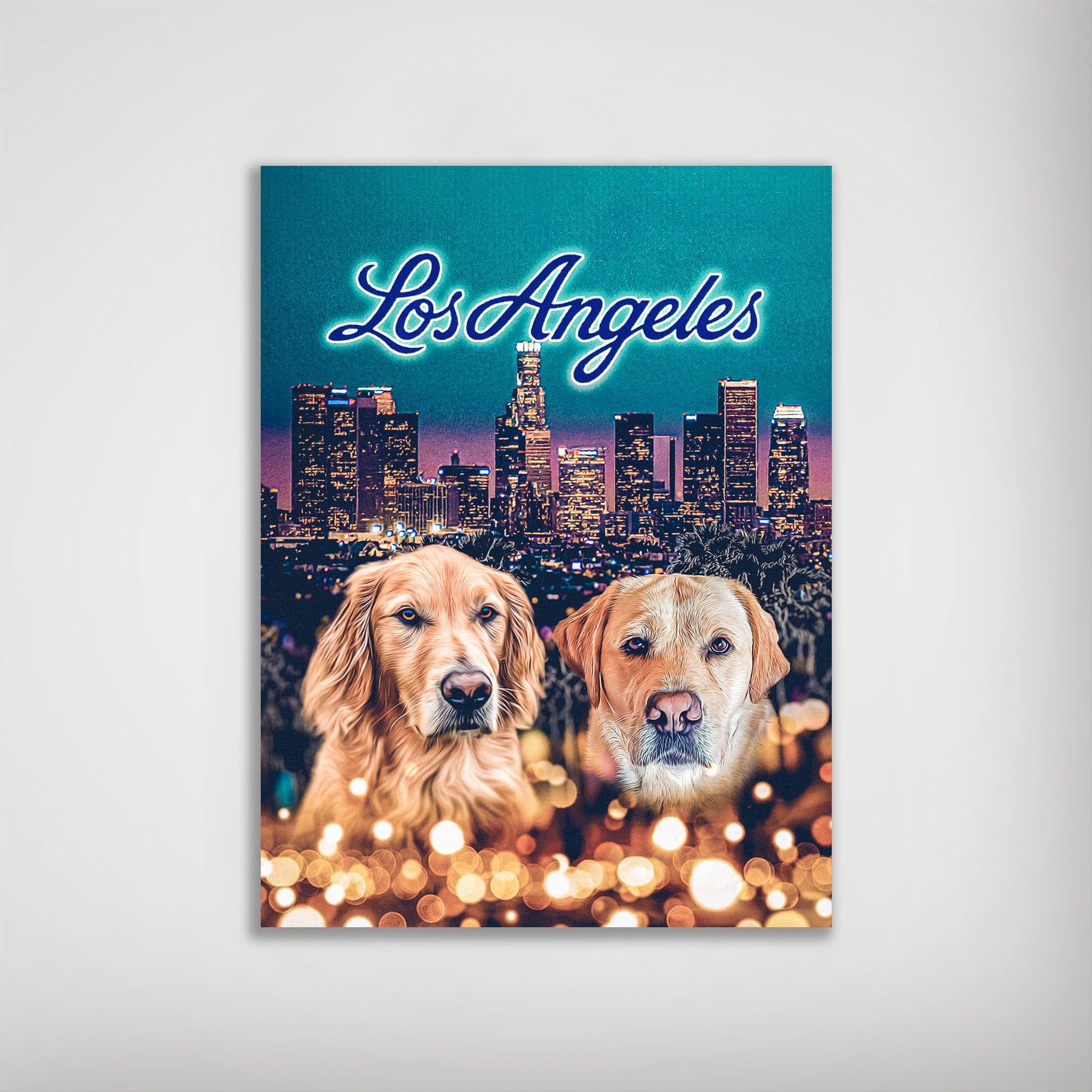 Personalized 'Doggos of Los Angeles' matte poster featuring two dogs against a city skyline.