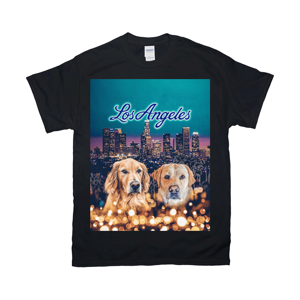 Black Gildan t-shirt with two golden retrievers in front of a Los Angeles skyline at night.