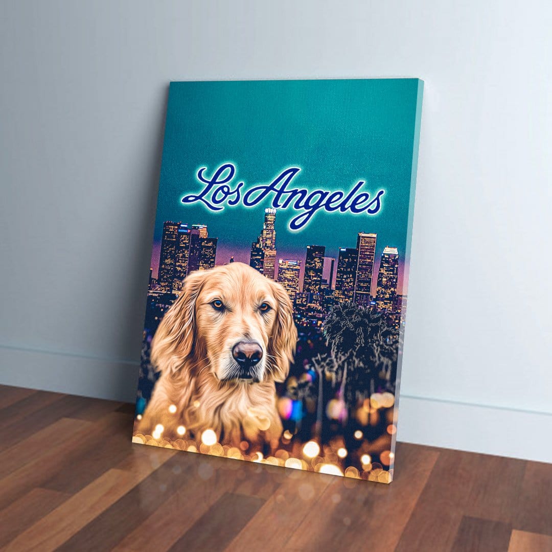 Personalized pet canvas featuring a golden retriever in front of the Los Angeles skyline with "Los Angeles" text.