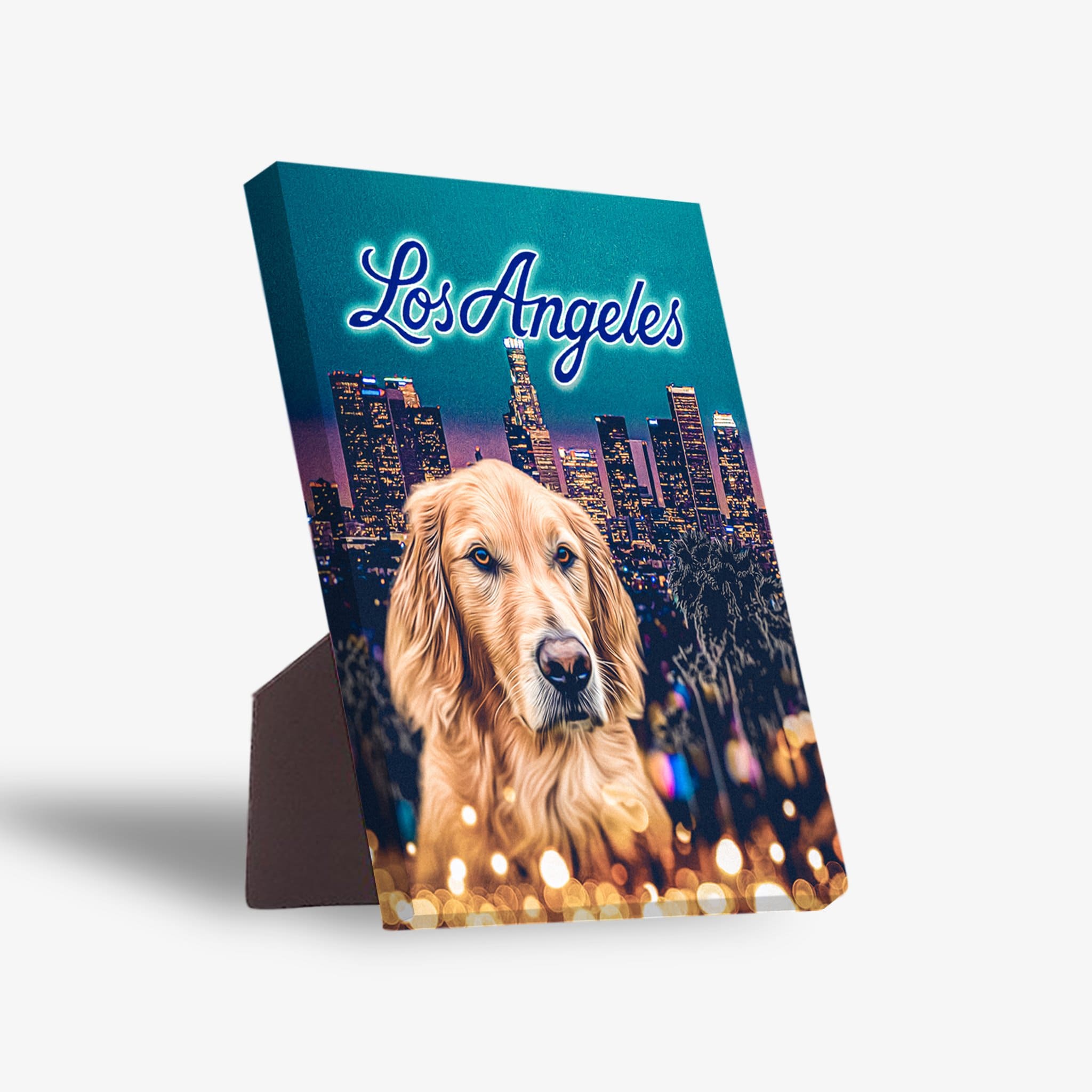 Personalized pet standing canvas featuring a golden retriever in front of the Los Angeles skyline.