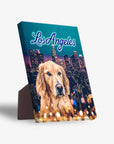 Personalized pet standing canvas featuring a golden retriever in front of the Los Angeles skyline.
