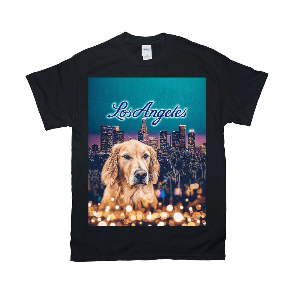 Black Gildan t-shirt featuring a golden retriever in front of the Los Angeles skyline with "Los Angeles" text.