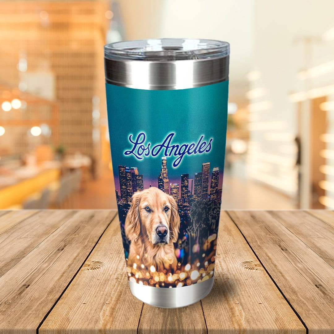 Personalized stainless steel tumbler with a golden retriever portrait over a Los Angeles skyline.