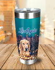 Personalized stainless steel tumbler with a golden retriever portrait over a Los Angeles skyline.