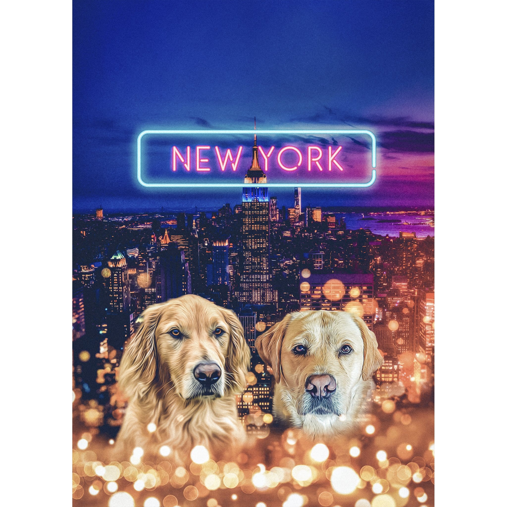 Personalized digital portrait of two dogs against a New York City skyline with a neon "NEW YORK" sign.