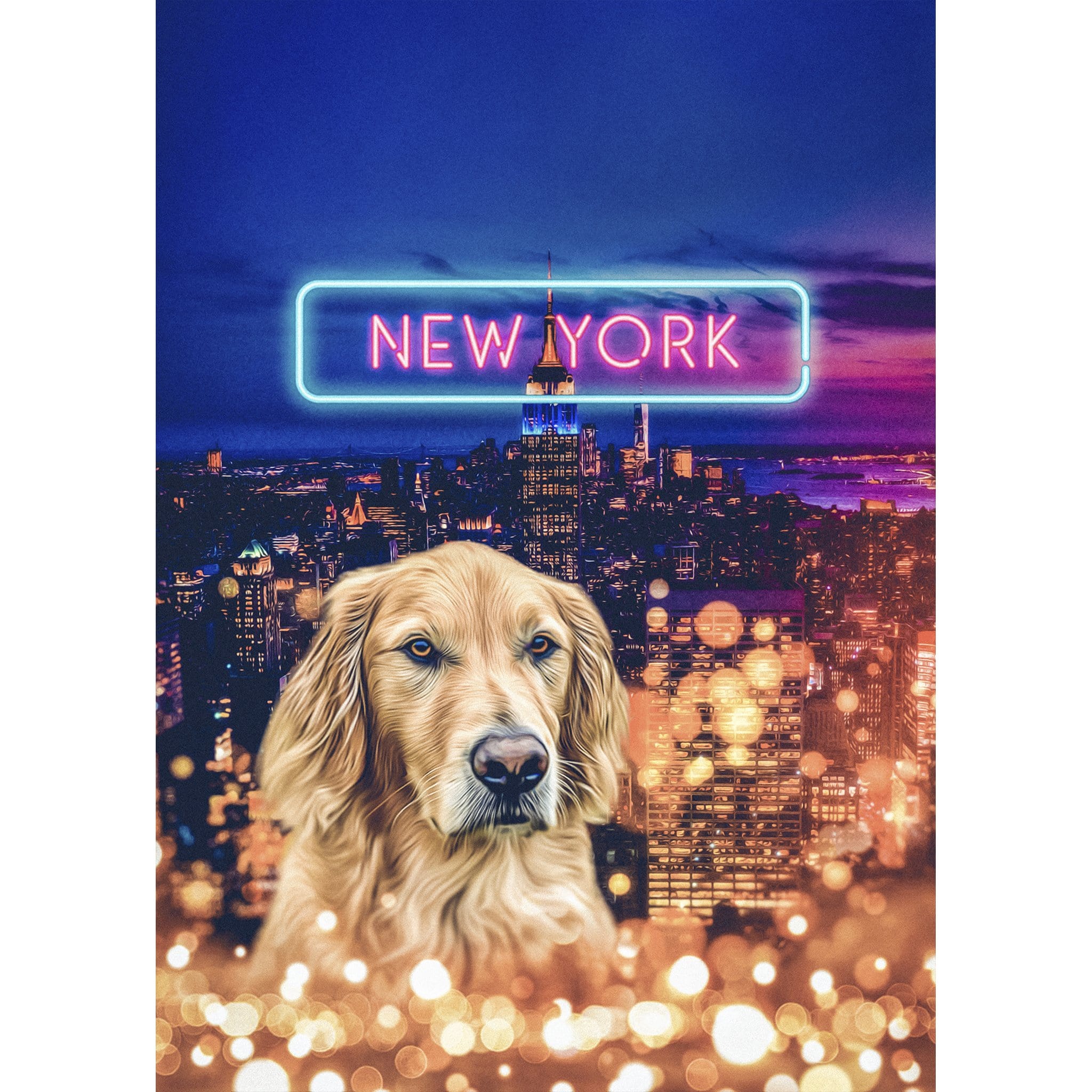 Personalized digital portrait of a golden retriever over a New York City skyline with a neon "NEW YORK" sign.