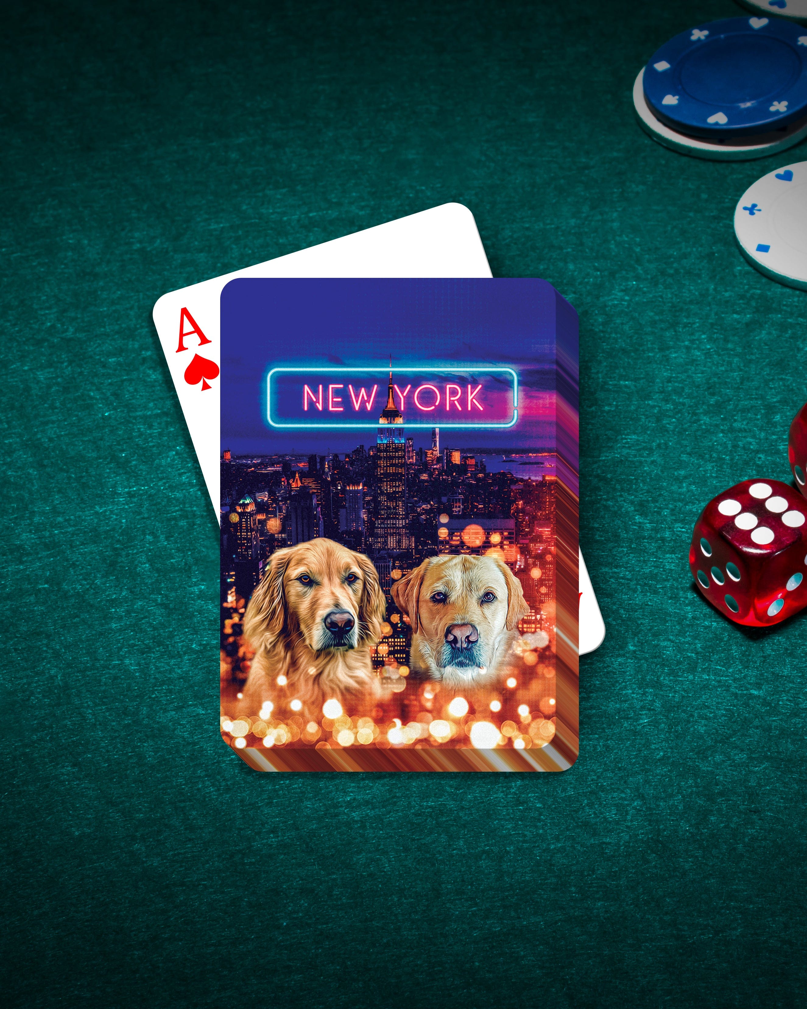 Personalized playing cards featuring two custom dog portraits over a New York City skyline with neon "NEW YORK" sign.