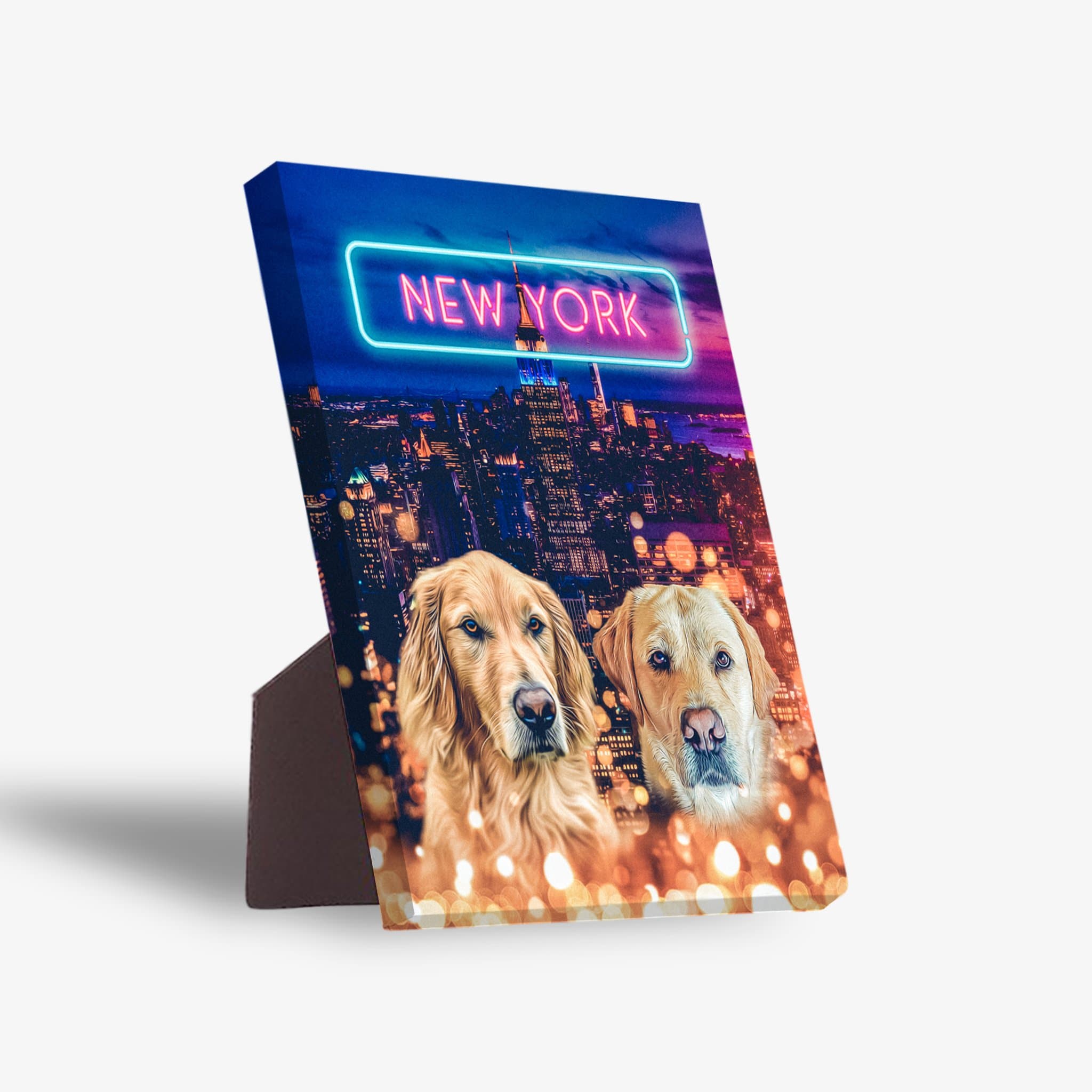 Personalized standing canvas featuring two golden retrievers over a New York City skyline with a neon sign.