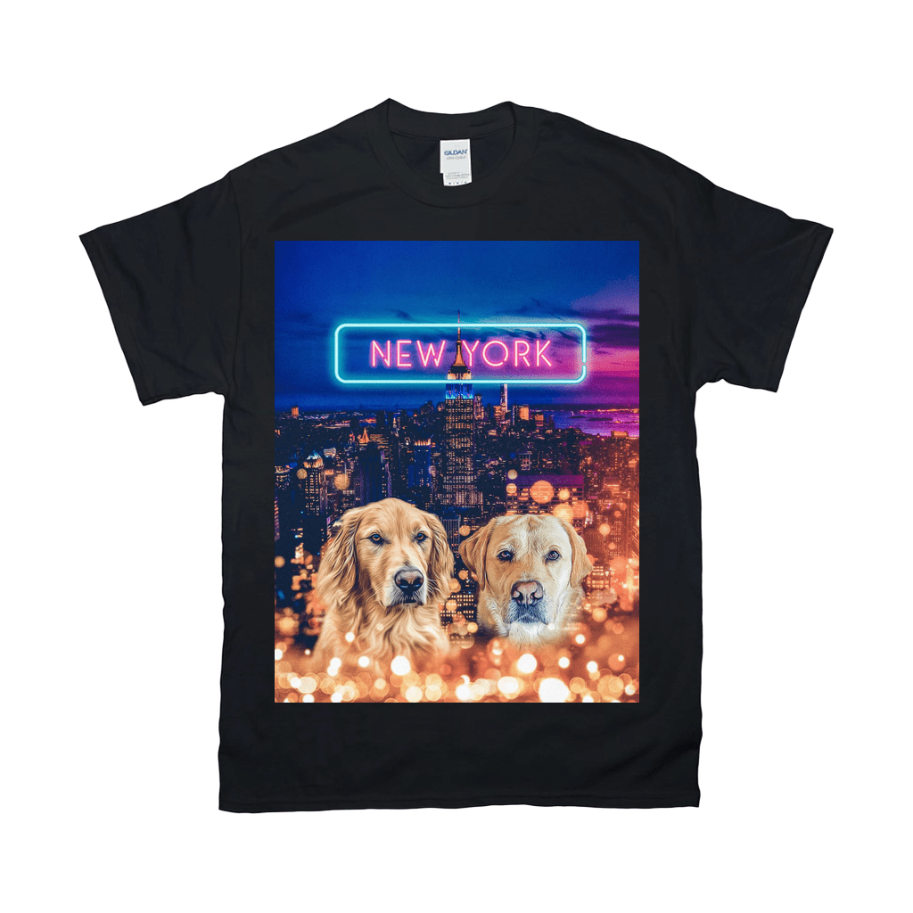 Black Gildan t-shirt with two golden retrievers in front of a New York City skyline with a neon "NEW YORK" sign.