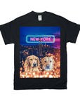 Black Gildan t-shirt with two golden retrievers in front of a New York City skyline with a neon "NEW YORK" sign.
