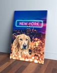 Golden Retriever pet canvas with a neon "NEW YORK" sign over a city skyline at night.