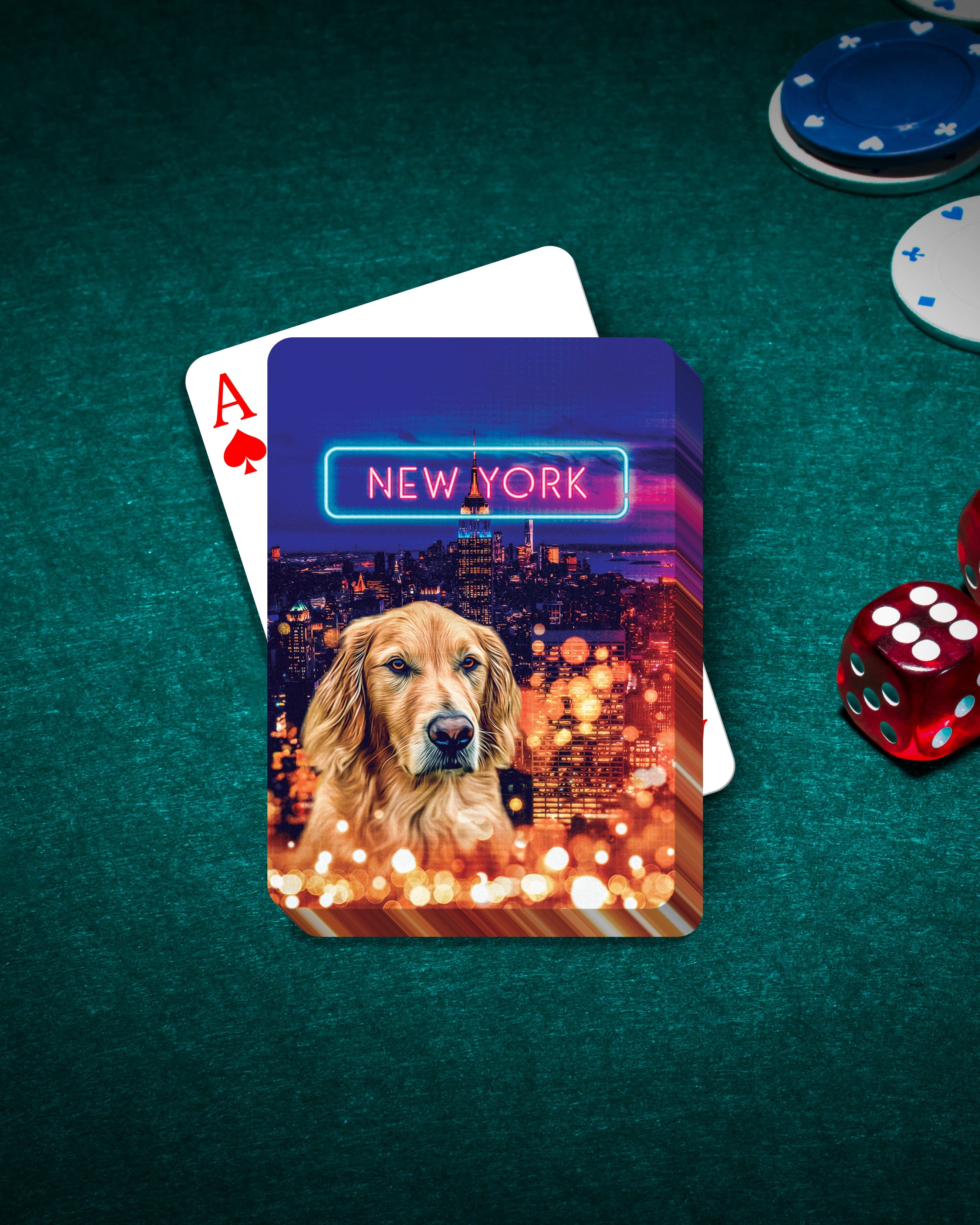 Personalized playing card featuring a golden retriever with a New York cityscape and neon sign.