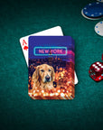 Personalized playing card featuring a golden retriever with a New York cityscape and neon sign.