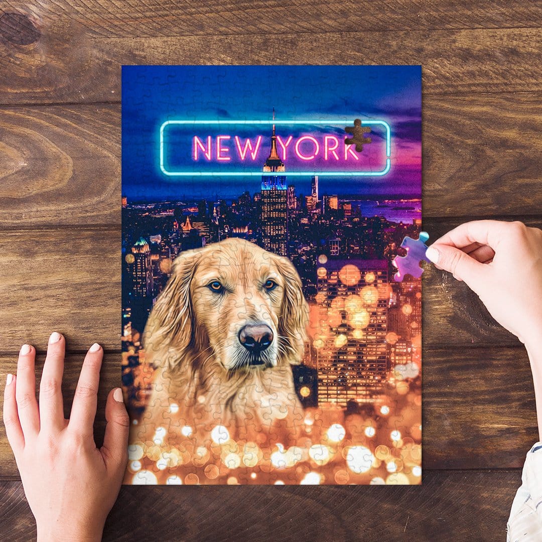 Personalized 'Doggos of New York' puzzle featuring a golden retriever over a city skyline.