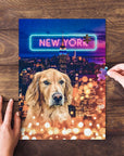 Personalized 'Doggos of New York' puzzle featuring a golden retriever over a city skyline.