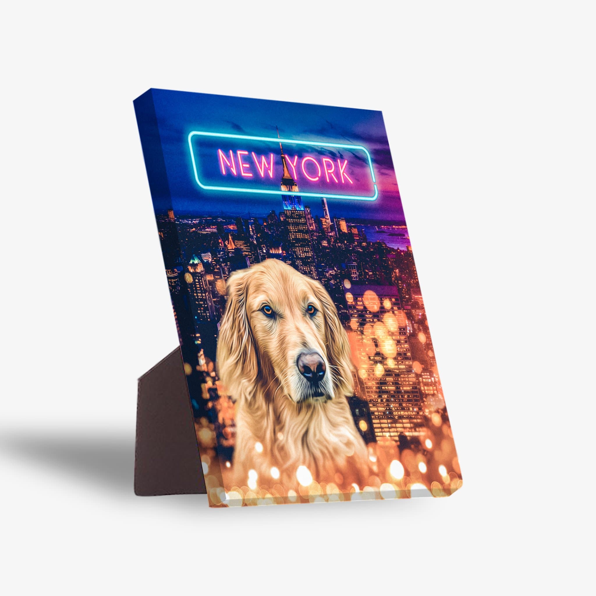 Golden Retriever pet portrait on a standing canvas with a vibrant New York city skyline and neon sign background.