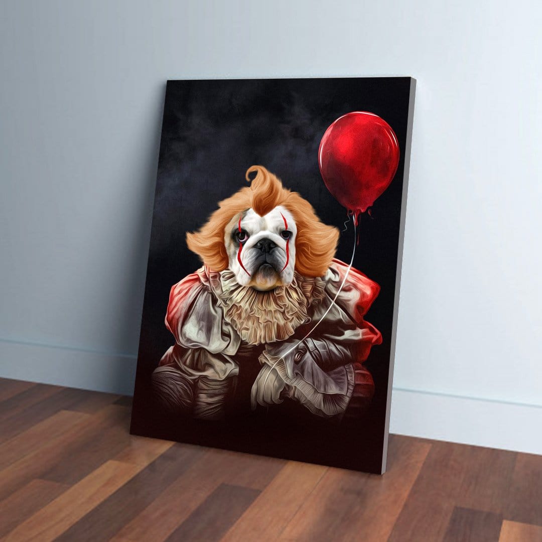 Doggowise personalized pet canvas featuring a dog dressed as Pennywise with a red balloon.