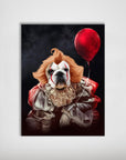 Personalized pet poster featuring a dog dressed as Pennywise with a red balloon, on a dark background.